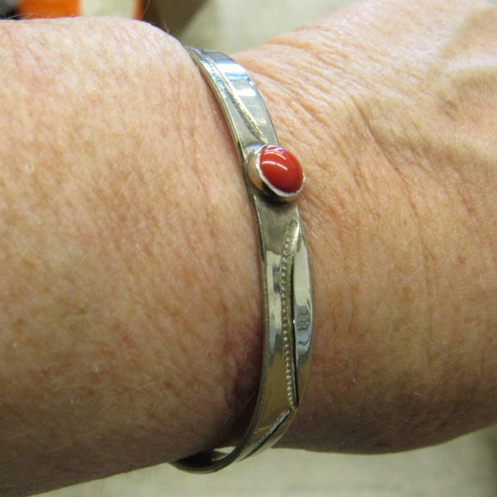 Vintage Sterling and Red Coral Stamped Cuff